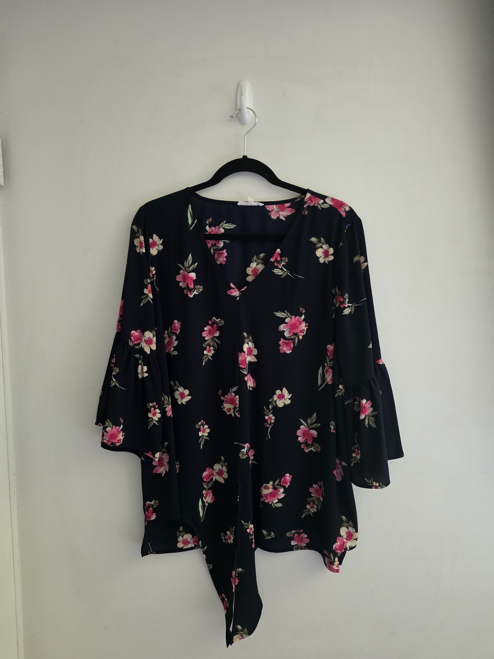 Pleione Black Floral Tie-Front Blouse with Pink Accents